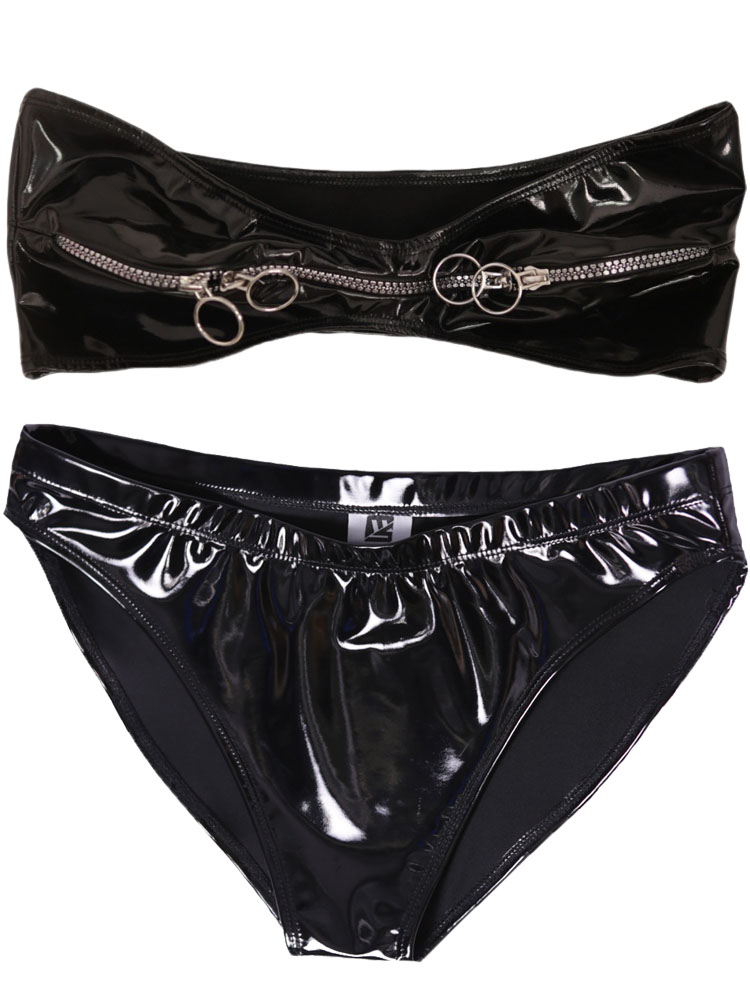 Thong Bikini Women - Wet-Look PVC-Outfit Reißverschluss-Bustier Crop Tops Glänzendes