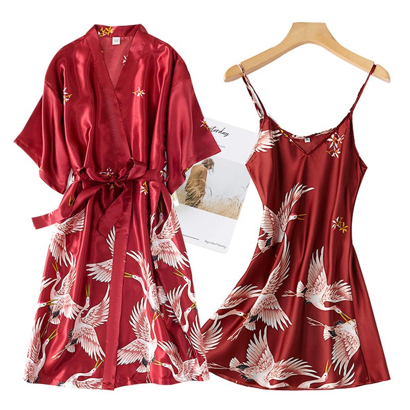 Robe Silk Women - Burgund Frauen 2PCS Faux Silk Kimono